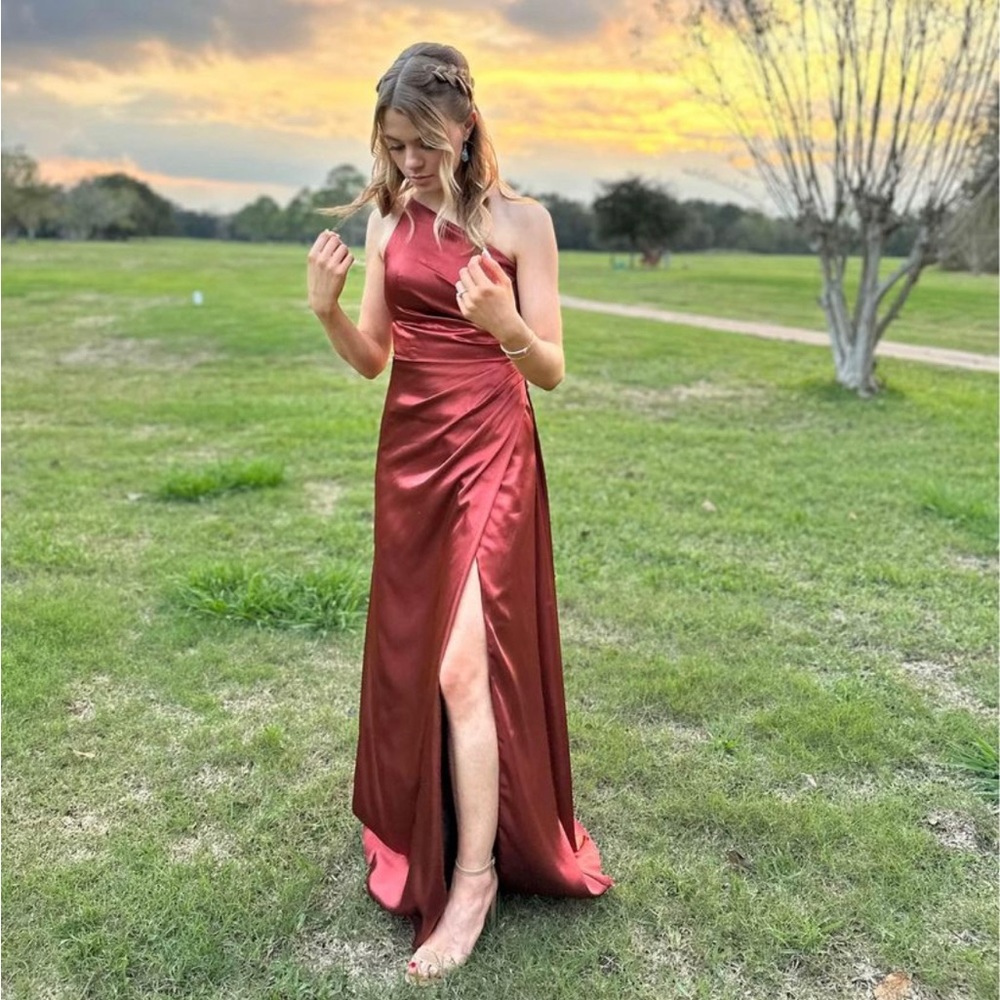 Beautiful Cinnamon Off Shoulder Slit Formal Dress